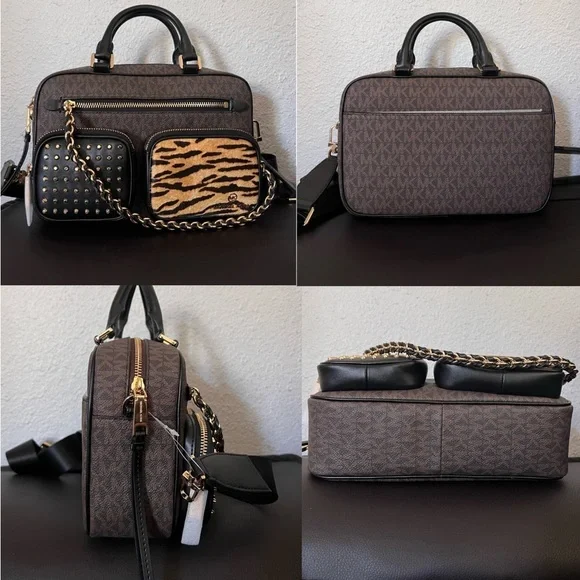 SALE🔥🔥MICHAEL KORS SIGNATURE ELLIOT STUDDED TIGER PRINT CALF HAIR SHOULDER BAG